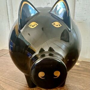 Vintage Wächtersbach West Germany Black Ceramic Piggy Bank-Gold Currency Design